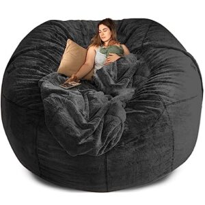 7ft giant fur bean bag chair cover for kids adults oversized, living room furniture big round soft fluffy faux fur beanbag lazy sofa washable bed cover with zipper (cover only, no filler) (black)