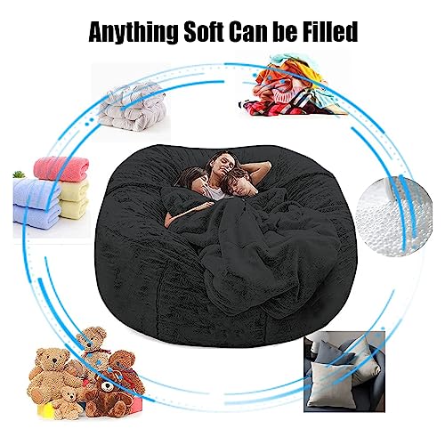 7FT Giant Fur Bean Bag Chair Cover for Kids Adults Oversized, Living Room Furniture Big Round Soft Fluffy Faux Fur Beanbag Lazy Sofa Washable Bed Cover with Zipper (Cover only, No Filler) (Black)