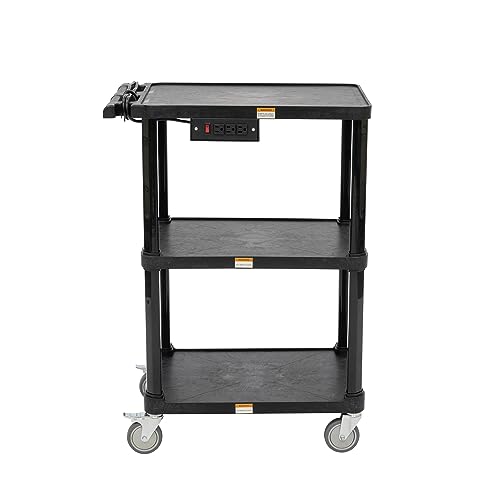 Pearington 3-Shelf Mobile Utility Cart with 3 Outlets and 8' Cord, Heavy-Duty Service Cart for Offices and Warehouses with 3 Shelves, Black