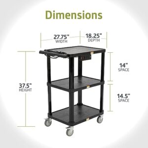 Pearington 3-Shelf Mobile Utility Cart with 3 Outlets and 8' Cord, Heavy-Duty Service Cart for Offices and Warehouses with 3 Shelves, Black
