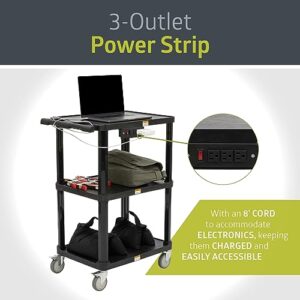 Pearington 3-Shelf Mobile Utility Cart with 3 Outlets and 8' Cord, Heavy-Duty Service Cart for Offices and Warehouses with 3 Shelves, Black