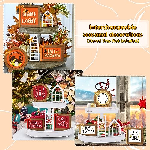 Farmhouse Tiered Tray Decor Set - Interchangeable Seasonal Holiday Rustic Wooden Frames with Cards, Mini Arch, Ladder for Home Kitchen Table Halloween Decorations Centerpiece