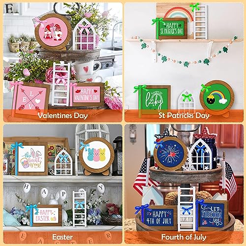 Farmhouse Tiered Tray Decor Set - Interchangeable Seasonal Holiday Rustic Wooden Frames with Cards, Mini Arch, Ladder for Home Kitchen Table Halloween Decorations Centerpiece