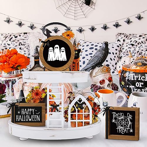 Farmhouse Tiered Tray Decor Set - Interchangeable Seasonal Holiday Rustic Wooden Frames with Cards, Mini Arch, Ladder for Home Kitchen Table Halloween Decorations Centerpiece