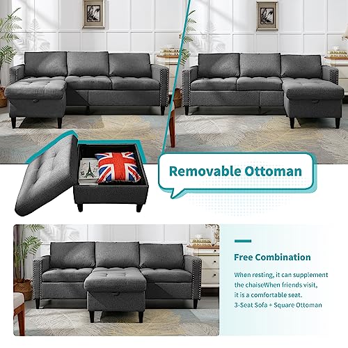 BALUS Reversible Sectional Couch Set 3 Seat L Shaped Modular Sofa Bed with Flexible Storage Ottoman Chaise Modern Sofa Couches for Living Room Apartment Office - Dark Grey