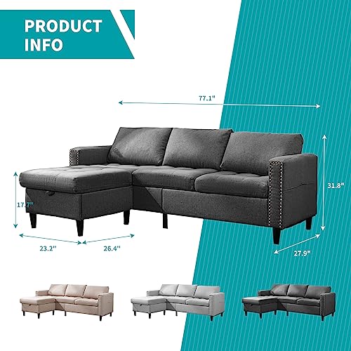 BALUS Reversible Sectional Couch Set 3 Seat L Shaped Modular Sofa Bed with Flexible Storage Ottoman Chaise Modern Sofa Couches for Living Room Apartment Office - Dark Grey