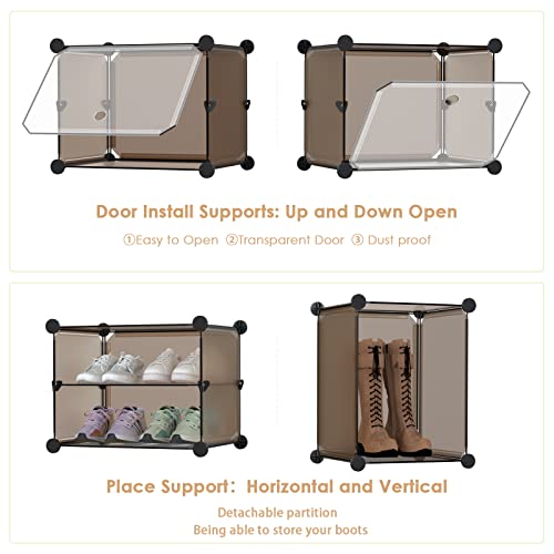 UNZIPE Shoes Organizer Cabinet, Shoe Rack Storage with Door, 16 Pairs Free Standing Shoe Racks Plastic Shoes Shelves DIY Cube Organizer for Entryway Closet Hallway Bedroom, Dark Coffee