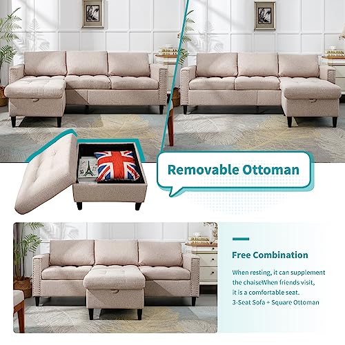 BALUS Reversible Sectional Couch Set 3 Seat L Shaped Modular Sofa Bed with Flexible Storage Ottoman Chaise Modern Sofa Couches for Living Room Apartment Office - Beige