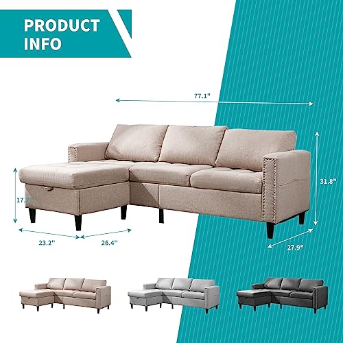 BALUS Reversible Sectional Couch Set 3 Seat L Shaped Modular Sofa Bed with Flexible Storage Ottoman Chaise Modern Sofa Couches for Living Room Apartment Office - Beige