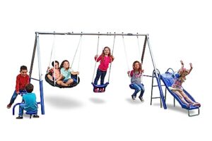 xdp recreation free n’ swing with 5' water wave slide - outdoor backyard kids fun swing set with galvanized steel frame, gray