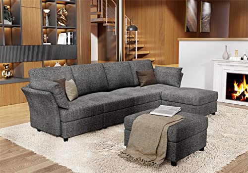 AMERLIFE Sectional Sofa, Modular Sectional Couch with Ottomans- 6 Seat Sofa Couch for Living Room, Convertible U Shaped Couch with Chaise, Oversize W107 xD54 xH37 Dark Grey