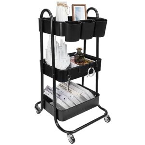 iamfan 3-tier metal rolling utility cart,storage carts with handle and lockable wheels,art cart organizer,craft cart,roller cart for office,bedroom,living room,kitchen,bathroom,black
