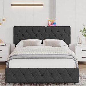 kietler king size bed frame with type-c & usb ports， adjustable headboard， upholstered platform with wooden slats support, linen fabric wrap no box spring needed, easy assembly, dark grey