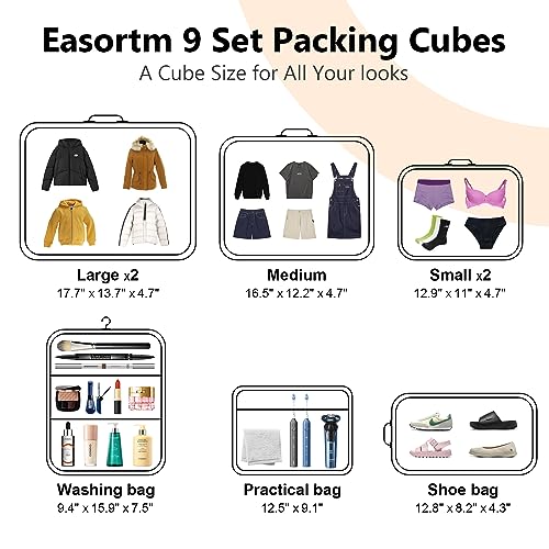 Easortm Packing Cubes 9 Set, Suitcase Organizer Bags Set Travel Cubes Durable Luggage Bags for Travel, Luggage Organizer for Travel Essentials.(Beige)