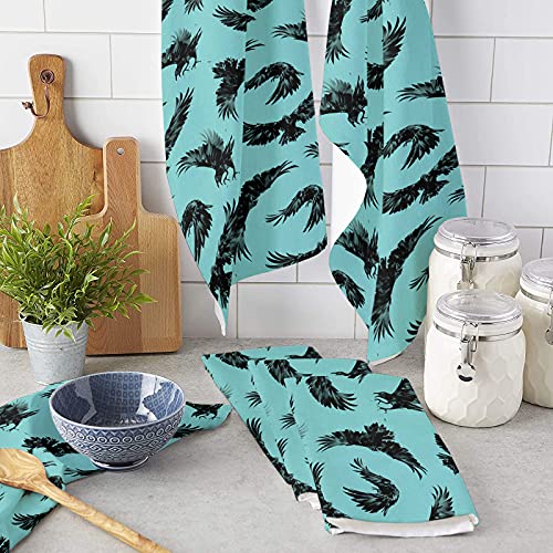 YOKOU Kitchen Towel, Halloween Crow Raven Teal Green Absorbent Dish Cloths Super Soft Dish Towels Hand Towels or Tea Towels for Bathroom, Tubs, Shower, Pack of 1