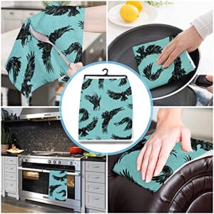 YOKOU Kitchen Towel, Halloween Crow Raven Teal Green Absorbent Dish Cloths Super Soft Dish Towels Hand Towels or Tea Towels for Bathroom, Tubs, Shower, Pack of 1