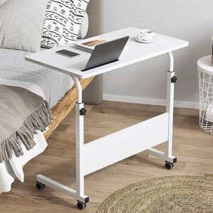 DlandHome Rolling Desk Adjustable Standing Desk, Mobile Side Table 31.4 Inches w/Wheels Adjustable C Table Movable Portable Laptop Computer Stand for Bed Sofa,White