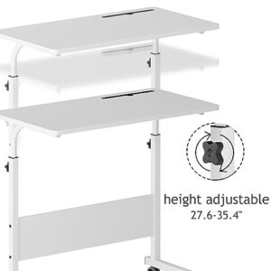 DlandHome Rolling Desk Adjustable Standing Desk, Mobile Side Table 31.4 Inches w/Wheels Adjustable C Table Movable Portable Laptop Computer Stand for Bed Sofa,White