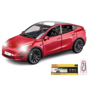 1:24 scale model y alloy car model diecast toy vehicles for kids, tesla car model，pull back alloy car with lights and music，gifts for adults and children, decorative objects, collectibles. (red)