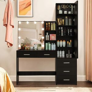 usikey 47.2" large vanity desk with 10 lights bulbs & full-length mirror, 70.9" high, makeup vanity with lights and 5 drawers, vanity table set with mirror cabinet and 8 storage shelves, black