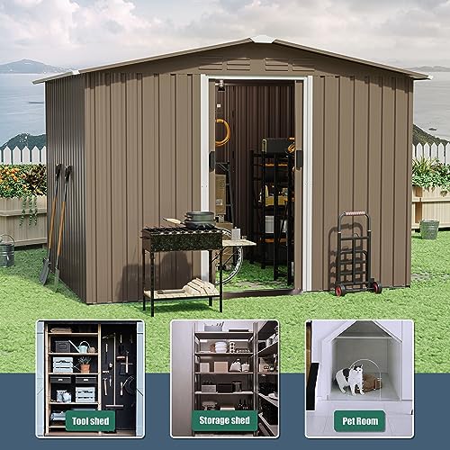 RTDTD 8FT x 6FT Outdoor Storage Shed, Waterproof, Lockable Door Metal Tool Shed with Sliding Door and Air Vents, Storage House for Gardening Tools, Metal Storage Shed for Garden, Backyard, Lawn