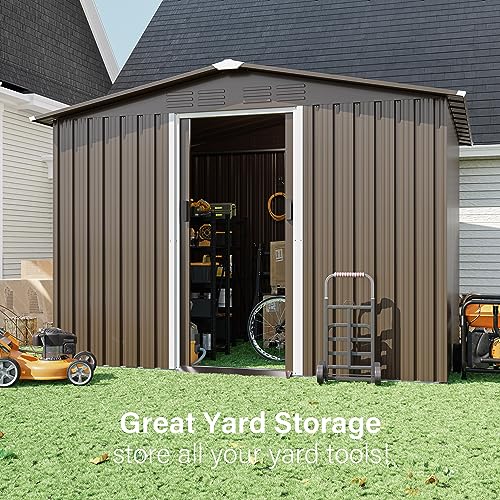 RTDTD 8FT x 6FT Outdoor Storage Shed, Waterproof, Lockable Door Metal Tool Shed with Sliding Door and Air Vents, Storage House for Gardening Tools, Metal Storage Shed for Garden, Backyard, Lawn