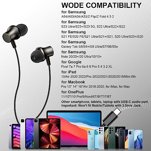USB C Headphone Type C Earphone Magnetic Wired Earbud for Samsung Galaxy Z Fllip 5 Fold A53 A54 S23 S22 S21 S20 in-Ear Noise Canceling Stereo Headset with Microphone for School Google Pixel 6a 7a 7 6