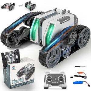 fuuy remote control car, 360° rotating rc car with cool lights, transform rc tank mini rc crawler double-sided tracked fancy stunt car kid toy for birthday white