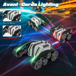 FUUY Remote Control Car, 360° Rotating RC Car with Cool Lights, Transform RC Tank Mini RC Crawler Double-Sided Tracked Fancy Stunt Car Kid Toy for Birthday White