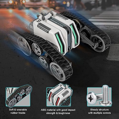 FUUY Remote Control Car, 360° Rotating RC Car with Cool Lights, Transform RC Tank Mini RC Crawler Double-Sided Tracked Fancy Stunt Car Kid Toy for Birthday White