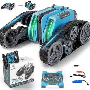 fuuy remote control car, 360° rotating rc car with cool lights, transform rc tank mini rc crawler double-sided tracked fancy stunt car kid toy for birthday blue