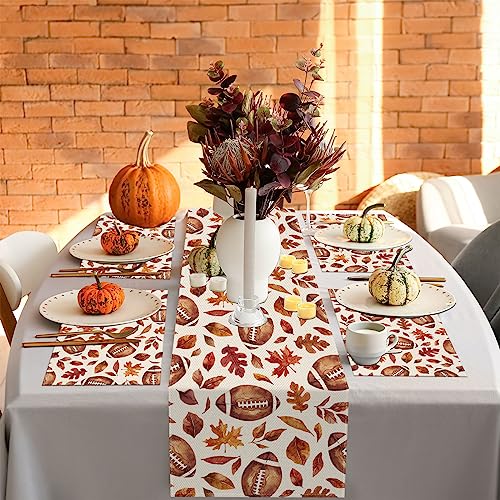 Fall Table Runner 13x72 Inch,Football with Maple Leaves Table Decors for Seasonal Harvest Autumn Thanksgiving Farmhouse Home Kitchen Dining Party