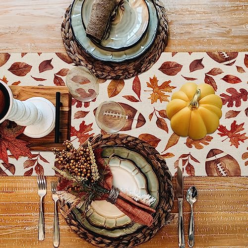 Fall Table Runner 13x72 Inch,Football with Maple Leaves Table Decors for Seasonal Harvest Autumn Thanksgiving Farmhouse Home Kitchen Dining Party