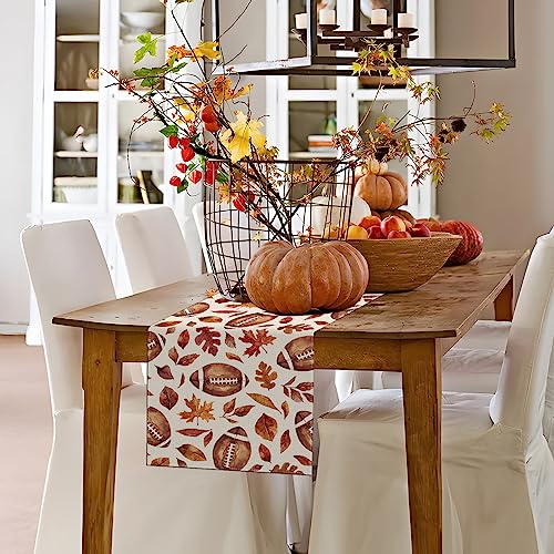 Fall Table Runner 13x72 Inch,Football with Maple Leaves Table Decors for Seasonal Harvest Autumn Thanksgiving Farmhouse Home Kitchen Dining Party