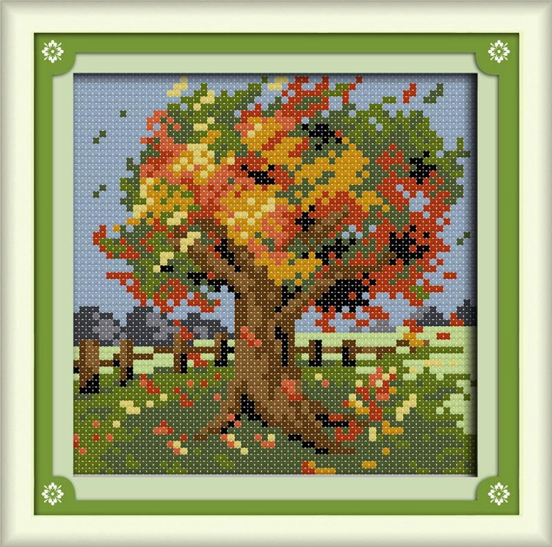 Cross Stitch Kits for Beginners Autumn Four Season Tree Stamped Cross-Stitch Supplies Needlework DIY 14CT 2 Strands Cotton Thread Printed DIY Needlepoint Kits DMC Craft Needlework Set 16×16cm