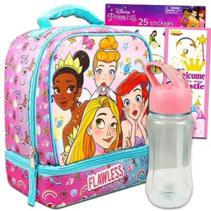 disney princess lunch box set for girls, kids - bundle with princess school lunch bag with pink water bottle, princess stickers, more | disney princess school supplies