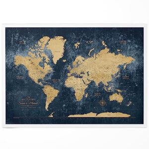 holy cow canvas personalized push pin world travel map with pins, gold & navy world map pin board, push pin travel map world on canvas, push pin map to track travels, pin map of world (rolled 40"x24")