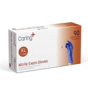 caring nitrile exam gloves (90ct), powder free and not made with natural rubber latex, gloves for medical use, cleaning, food prep and more, xl