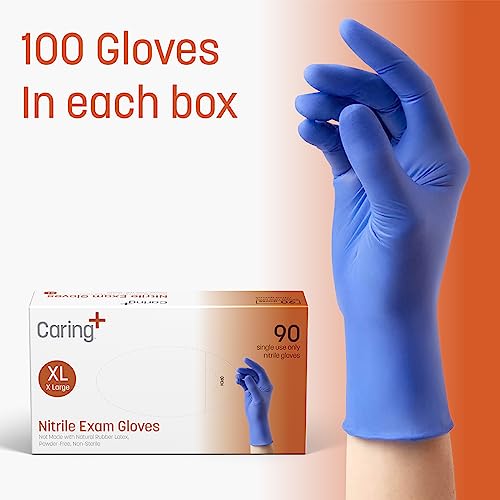 Caring Nitrile Exam Gloves (90ct), Powder Free and Not Made with Natural Rubber Latex, Gloves for Medical Use, Cleaning, Food Prep and More, XL