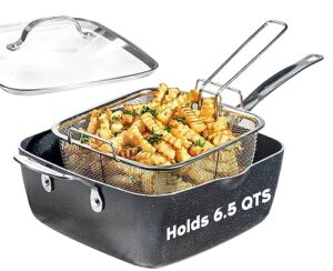 granitestone 9.5 inch deep frying pan with lid, 4 pc non stick deep square frying pan set with steamer & fry basket, large frying pan/saute pan for cooking, dishwasher/oven safe, 100% non toxic