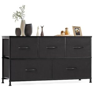 dresser for bedroom, dresser for kids room, 5 drawers dresser chest of drawers for bedroom, metal frame and wood top for tv stand up to 45 inch with fabric storage drawer units for living room