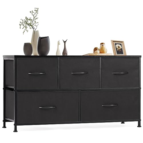 Dresser for Bedroom, Dresser for Kids Room, 5 Drawers Dresser Chest of Drawers for Bedroom, Metal Frame and Wood Top for TV Stand up to 45 inch with Fabric Storage Drawer Units for Living Room