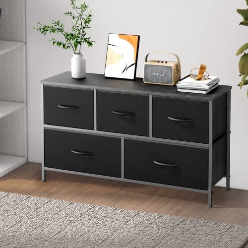 Dresser for Bedroom, Dresser for Kids Room, 5 Drawers Dresser Chest of Drawers for Bedroom, Metal Frame and Wood Top for TV Stand up to 45 inch with Fabric Storage Drawer Units for Living Room