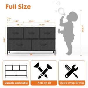 Dresser for Bedroom, Dresser for Kids Room, 5 Drawers Dresser Chest of Drawers for Bedroom, Metal Frame and Wood Top for TV Stand up to 45 inch with Fabric Storage Drawer Units for Living Room