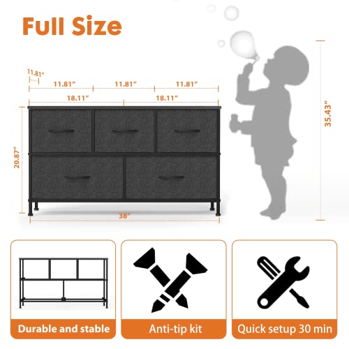 Dresser for Bedroom, Dresser for Kids Room, 5 Drawers Dresser Chest of Drawers for Bedroom, Metal Frame and Wood Top for TV Stand up to 45 inch with Fabric Storage Drawer Units for Living Room