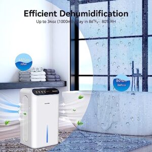 Dehumidifiers for Home, Up to 800 Sq.ft, 86oz Water Tank, Dehumidifiers for Bedroom with Essential Oil Diffuser, 7 Color LED Light, 24H Timer, Auto Shut-off, Ideal for Bathroom Basement Closet RV