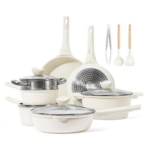 carote 14 pcs nonstick cookware sets, pots and pans sets kitchen, cooking pots white induction non stick set w/frying pans & saucepans(pfos, pfoa free)