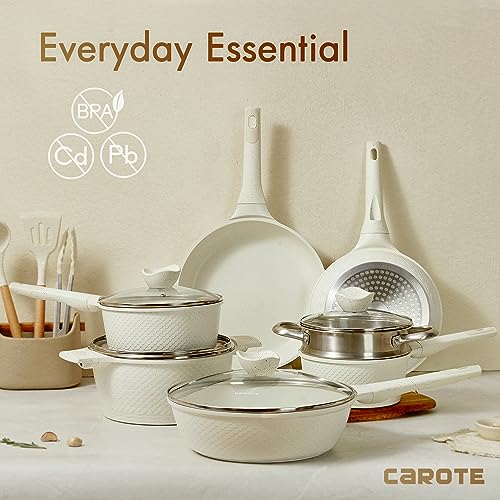 CAROTE 14 Pcs Nonstick Cookware Sets, Pots and Pans Sets Kitchen, Cooking Pots White Induction Non Stick Set w/Frying Pans & Saucepans(PFOS, PFOA Free)