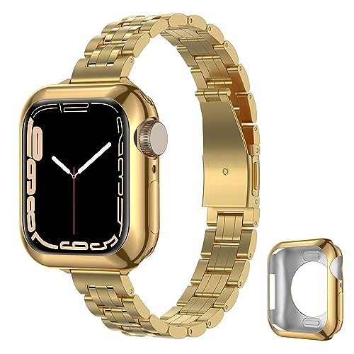 MERUYOO Gold Watch Bands Compatible with Apple Watch Band 38mm 40mm 41mm 42mm 44mm 45mm for Women, with TPU Case - Slim and Thin Stainless Steel Replacement Adjustable Wristband for iWatch Series.