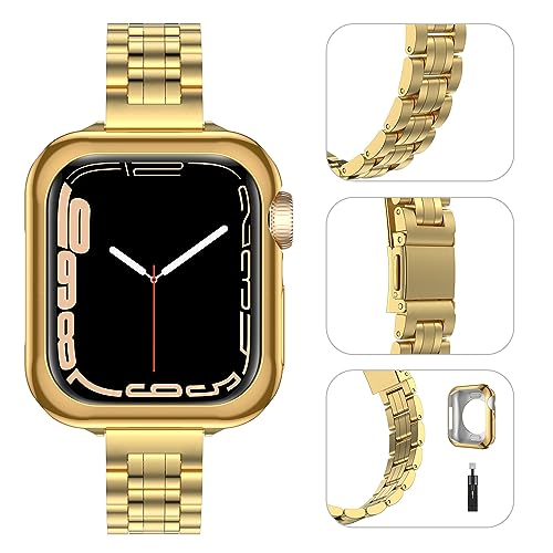 MERUYOO Gold Watch Bands Compatible with Apple Watch Band 38mm 40mm 41mm 42mm 44mm 45mm for Women, with TPU Case - Slim and Thin Stainless Steel Replacement Adjustable Wristband for iWatch Series.